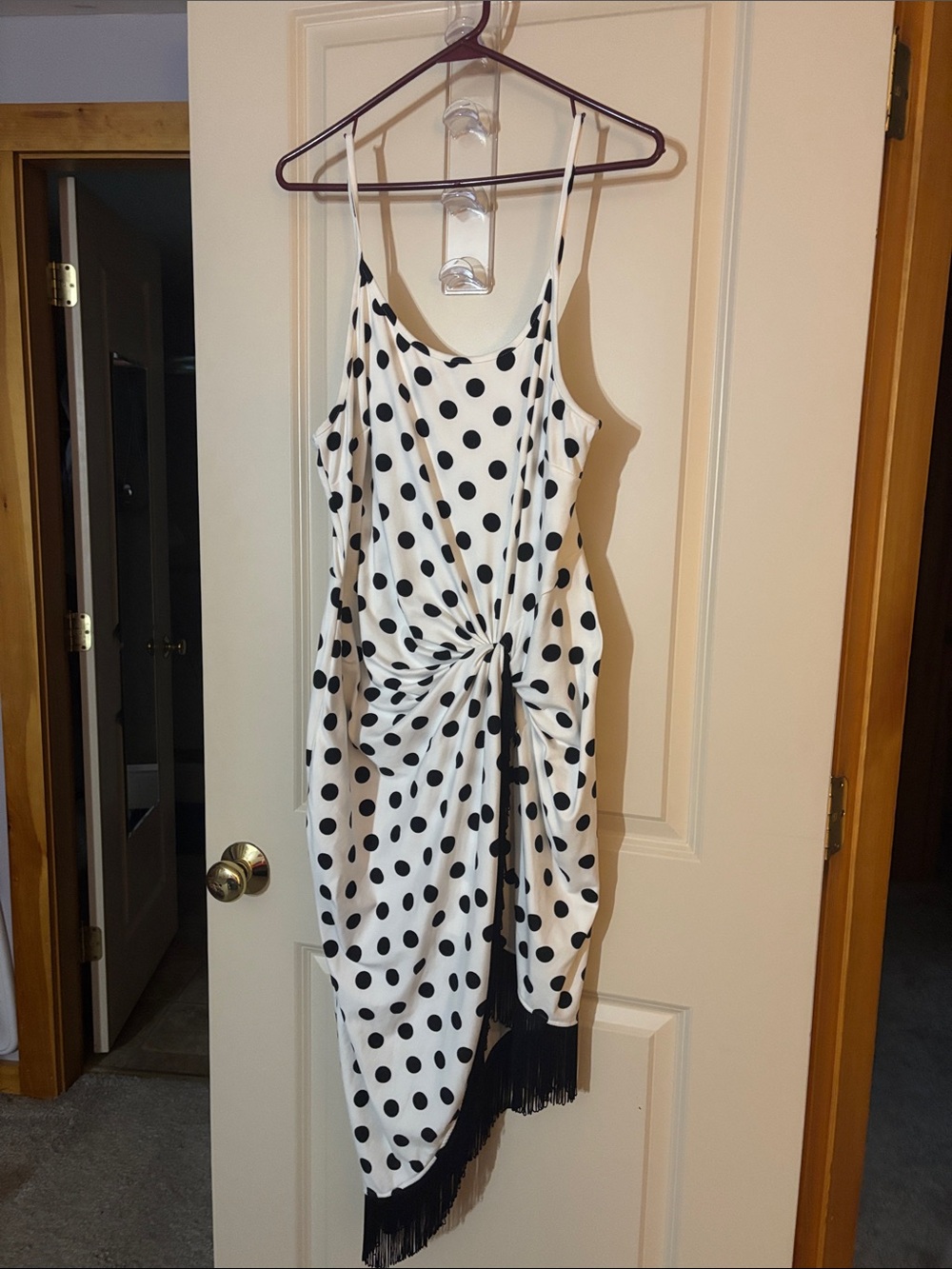 Polka Dot Asymmetric Midi Slip Dress with Fringe